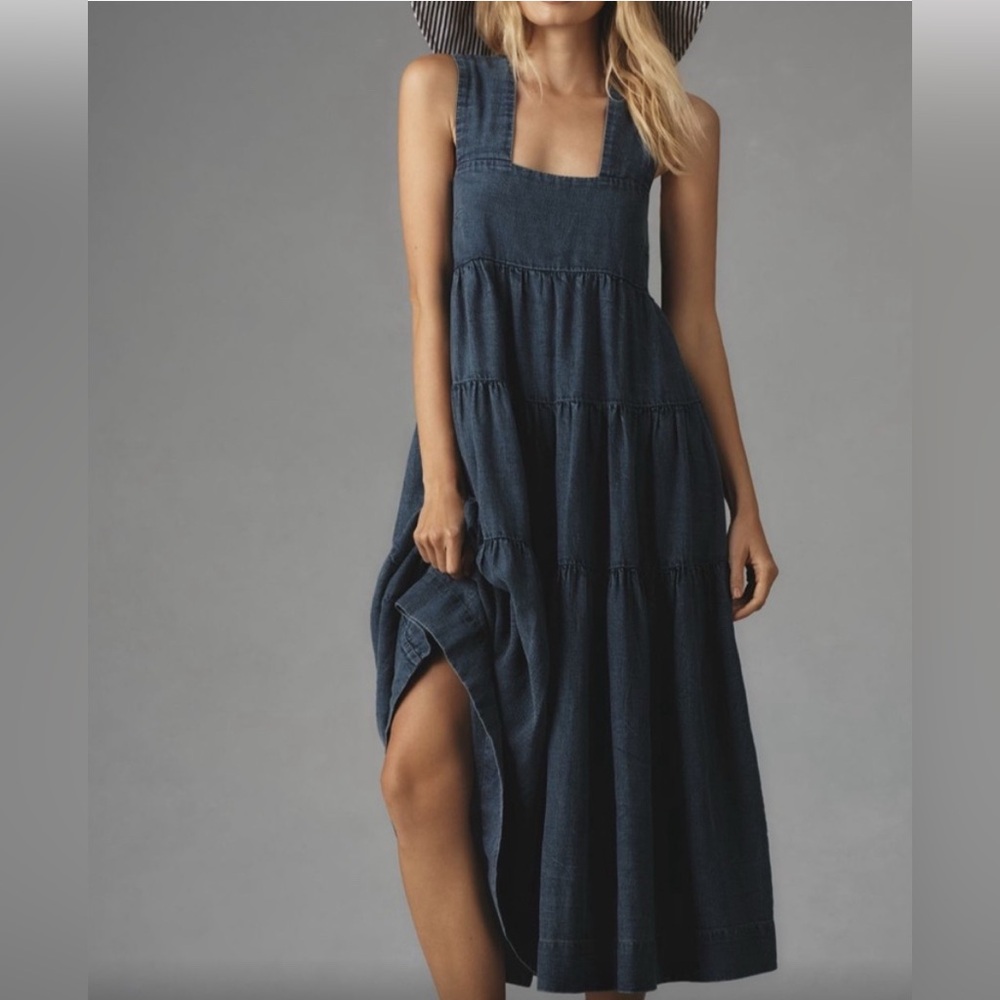 Anthropologie Square Neck Tiered Midi Dress in Denim Light